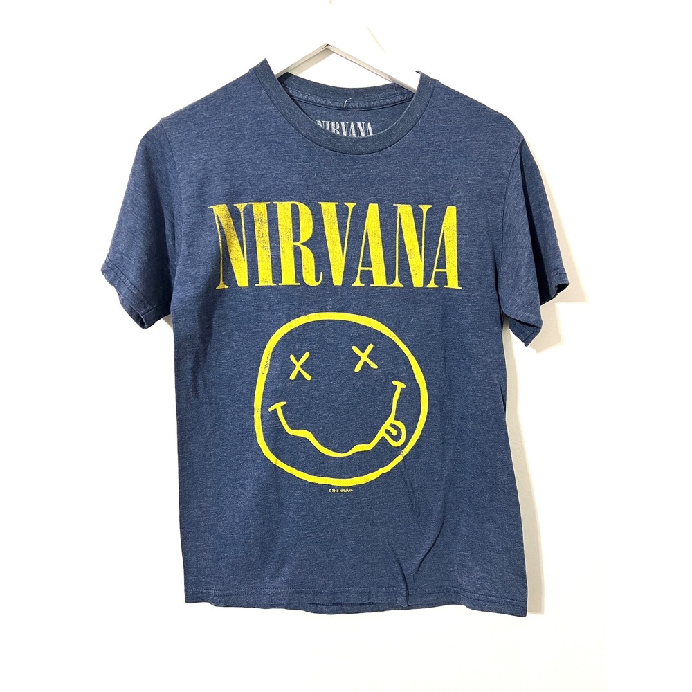 NIRVANA T Shirt Mens Small Blue Yellow Smiley Face Graphic Grunge Rock Band Tee